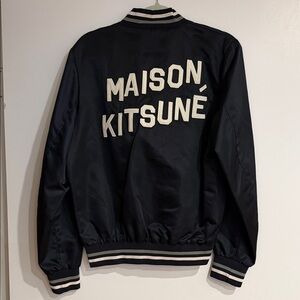 Maison Kitsuné Navy Bomber Jacket with White Lettering